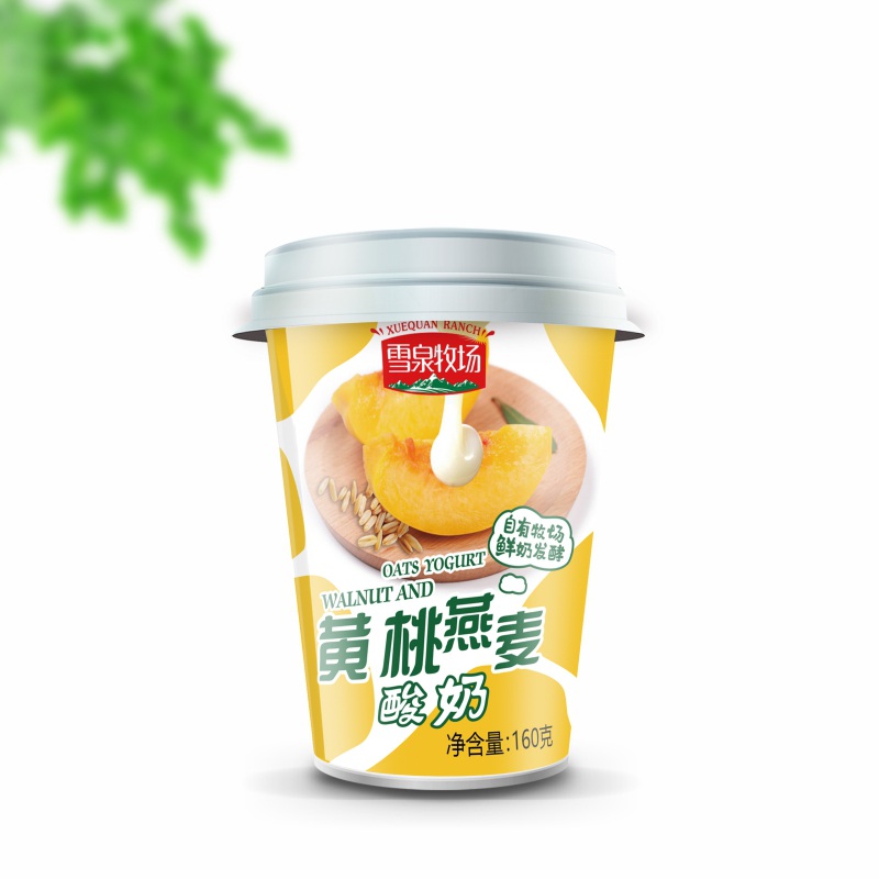 黃桃燕麥酸奶160克X12杯（全國(guó)包郵），關(guān)注雪泉乳業(yè)微信公眾號(hào)，手機(jī)在線(xiàn)訂購(gòu)更加優(yōu)惠！